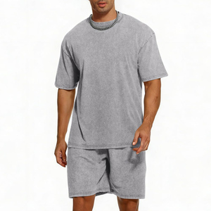 Ensemble d'été personnalisé délavé à l'acide pour hommes, short et chemise à manches courtes, respirant et à séchage rapide - Product Image 1