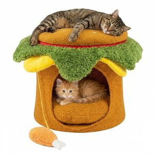 Cheeseburger Theme <b>Cat</b> Nest Cute Burger Shape with Fried Chicken <b>Plush</b> Toy No Assembly Needed Yellow & Green - Product Image 1