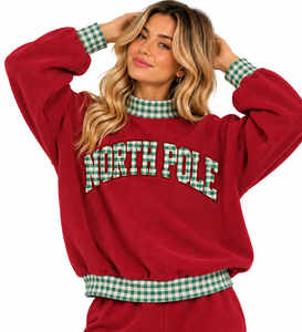 Sweat-shirt à col montant marron personnalisé pour femme, avec bordure en vichy rouge, broderie de décembre, manches longues, vêtements d'hiver - Product Image 4