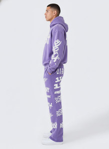 Conjunto de Sudadera Corta Oversize Negra con Efecto Ácido y Pantalones Acampanados para Hombre, Estampado Personalizado, Estilo Urbano, 2 Piezas, Chándal Lavado - Product Image 3