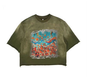 Camiseta de hombre personalizada con efecto desgastado, estilo streetwear, gráfico descolorido por el sol, corte cropped, estilo vintage, lavado ácido. - Product Image 1