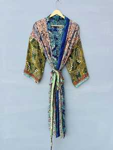 Robe kimono en crêpe de soie patchwork bohème pour femme, imprimé cachemire, paréo de plage léger, cardigan bohème, tenue de villégiature - Product Image 4