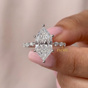 Anillo de compromiso y boda clásico con diamantes marquesa y detalles laterales, diamante cultivado en laboratorio, oro macizo de 14K, moderno para mujer - Product Image 1