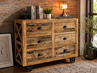 Armoire de rangement industrielle en bois massif avec 6 tiroirs et roulettes