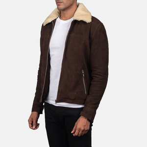 Men's Brown <b>Suede</b> Bomber <b>Jacket</b> With Faux Fur Collar Zipper Closure Winter Moto Style Regular Fit <b>Jackets</b> - Product Image 3