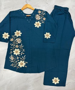 Conjunto de Dos Piezas de Rayón Vintage con Bordado, Color Verde Azulado, Salwar Kameez para Mujer, Ropa Casual, Largo hasta la Rodilla, Secado Rápido, India Pakistán 85310 - Product Image 3