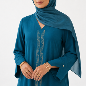 Robe Abaya musulmane bleue à manches longues, robe Maxi Jilbab avec foulard intégré pour femmes - Product Image 5