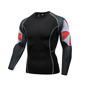 Men's Black <b>Long</b> <b>Sleeve</b> With <b>Red</b> And Gray Shoulder Panels Sublimation Print Quick Dry Spandex Polyester Material Rash Guard - Product Image 2