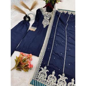 Designer Modest <b>Navy</b> Blue CHINON EMBROIDERY SEQUENCE WORK <b>TOP</b> BOTTOM with DUPATTA <b>Sequined</b> - Product Image 2