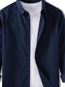 Camisa Casual de Manga Larga para Hombre, Color Azul Marino, Cuello Clásico, Antiarrugas, Tela Popelina, Manga Larga, para Otoño - Product Image 3