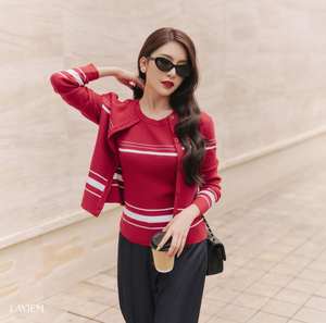 Ensemble de cardigan en tricot rouge pour femmes, tenue en deux pièces, débardeur sans manches et cardigan, style coréen chic, tricot chic - Product Image 3