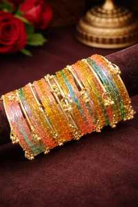 Trendy Gold Plated Pink Glass Kashmiri <b>Bangles</b> with Emerald Cut Pearl Wedding & Bridal Jewelry at Wholesale Price Ready to Ship - Product Image 2