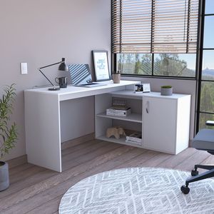 Dallas L-Shaped Home Office Computer <b>Desk</b> with Single Door Cabinet & Two Shelves - Product Image 1
