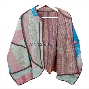 Traditional Eco-Friendly Cotton Kantha <b>Quilted</b> <b>Jacket</b> Color Blocking <b>Pattern</b> Vintage Kaya Woman's Mandarin Collar Autumn Winter - Product Image 4