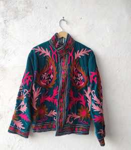 Hand Embroidered Canvas <b>Quilted</b> <b>Jacket</b> O-Neck Collar Floral <b>Pattern</b> Full Sleeve Eco-Friendly Winter Autumn Women's 100% Cotton - Product Image 1