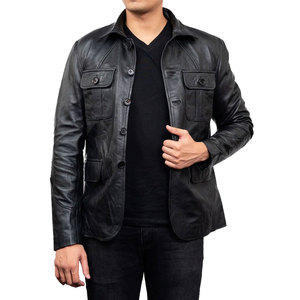 Men's Black Genuine Leather Jacket With Button Closure Turn-down Collar Casual Style Autumn Wear - Product Image 1