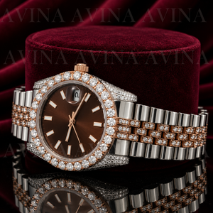 Montre analogique mécanique de luxe en moissanite glacée, verre acier inoxydable, bracelet 20 mm, lunette pavée, affichage de la date marron pour homme - Product Image 3