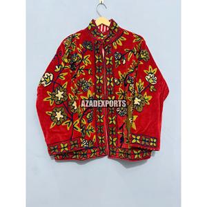 Women's <b>Red</b> <b>Velvet</b> Mandarin Collar Floral Embroidery Quilted Short Bomber Jacket Full Sleeve Autumn Woven - Product Image 5