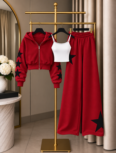 Ensemble de survêtement décontracté 3 pièces pour femme, uni, respirant, coupe ample, avec sweat à capuche zippé, débardeur côtelé et pantalon de survêtement large - Product Image 6