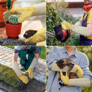 Pale Yellow Garden <b>Gloves</b> with Extended Beige Gauntlet Cuff and Reinforced Palm Panel Custom Options Hand Protective <b>Gloves</b> - Product Image 6