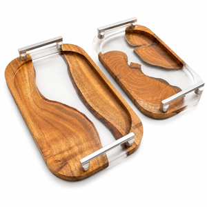 Plateau de service en résine et bois personnalisé, plat décoratif fait main avec poignée en verre irrégulière, idéal pour la maison ou comme cadeau - Product Image 4