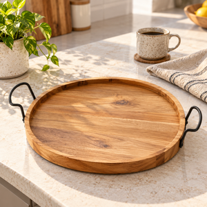 Handcrafted Wooden Serving <b>Tray</b> with <b>Black</b> Metal Handles Wholesale OEM ODM - Product Image 1
