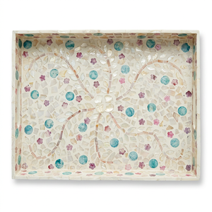 Plateau de service rectangulaire moderne bohème en mosaïque florale bleue avec incrustation de nacre faite à la main pour le salon - Product Image 6