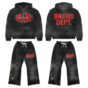 Custom Oem Heavyweight Fleece Tracksuit Set Vintage Screen Printing ACID Wash Distressed Men Streetwear Oversized Sweatsuit - Product Image 4