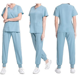 Tenues médicales professionnelles unisexes, ensembles de blouses et pantalons de couleur unie à col en V, étiquettes personnalisées, en rayonne respirante et imperméable pour hôpital - Product Image 2