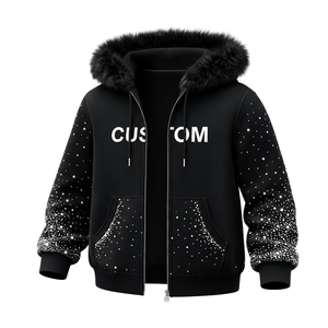 Sudadera con capucha para hombre, negra, personalizada con pedrería, con cremallera, forro polar, estilo urbano, con diseño de pedrería en las mangas. - Product Image 3