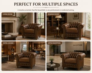 Fauteuil Chesterfield classique en cuir marron avec capitonnage profond, fauteuil d'appoint vintage pour salon - Product Image 6