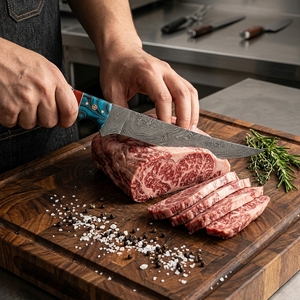 Couteau de cuisine professionnel à lame fixe en acier Damas, manche en résine bleue, pour la vente en gros, les OEM, les détaillants et les revendeurs - Product Image 6