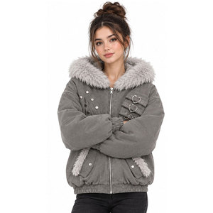 Women's Hooded Fleece <b>Jacket</b> With Fur Collar And Pockets Casual Winter Coat Gray Short Sleeve Style - Product Image 5