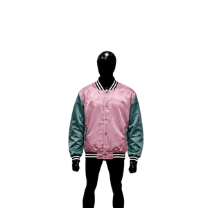 Blouson universitaire en satin rose et vert sarcelle foncé, blouson bomber de baseball brillant de qualité supérieure avec manches contrastées et bordures côtelées rayées noir et blanc - Product Image 1