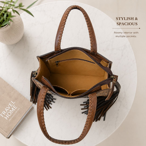 Hand Tooled Genuine Leather Hair On Cowhide Shoulder Tote Bag for Women Western Fringe Handbag Floral Embossed Crossbody Purse - Product Image 4