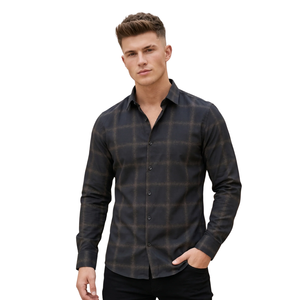 Camisa de Franela a Cuadros Negra para Hombre, Manga Larga, con Botones, Estilo Casual, Tela Suave Cepillada, Moda Urbana - Product Image 1