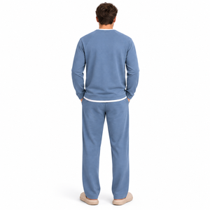 <b>Men</b> Winter Knitted <b>Long</b> <b>Sleeve</b> <b>Henley</b> Pajama Set Casual Blue Sleepwear Cotton Blend Button Collar Loungewear Indoor Homewear - Product Image 2