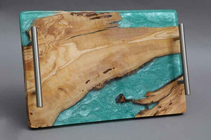 Premium Artisan Turquoise <b>Epoxy</b> Resin Walnut Wood Deep Serving Tray With Integrated Handles For Hotel Restaurant Kitchen Platter - Product Image 2