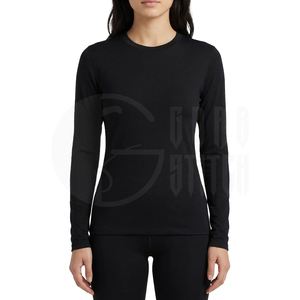 Camiseta de Manga Larga Negra Personalizada para Mujer, Corte Ajustado, Cuello Redondo, Algodón, Básica, Venta al Por Mayor, OEM, Informal - Product Image 2