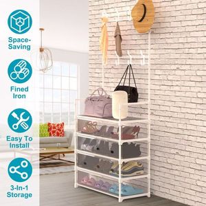 5 Tier Freestanding Shoe Storage Shelf Dustproof Entryway Hall Tree Coat Rack 8 Removable Hooks for Hat Clothes Organization - Product Image 5