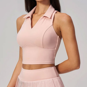 <b>Ladies</b> Cross Back Custom Sleeveless Ribbed Bottom <b>Polo</b> Collar Gym Wear Workout Casual Crop T-Shirt Yoga Wear Plain <b>Top</b> - Product Image 4