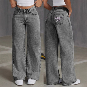 Jean en denim délavé taille haute à jambe large avec nœud décoratif, coupe ample, longueur intégrale, style vintage décontracté pour femme - Product Image 1