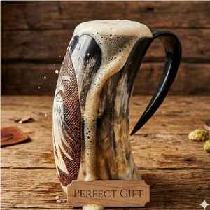 Custom Engraved Rustic Viking Eco-Friendly Durable <b>Large</b> Capacity Handmade Natural Buffalo Horn Beer <b>Mug</b> with Handle - Product Image 3