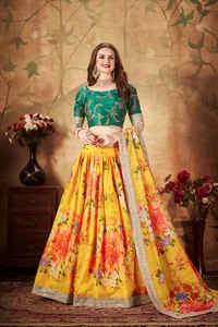 Conjunto de Lehenga con Estampado Floral Amarillo, Dupatta de Organza, Lentejuelas Bordadas, Traje de Novia para Mujer - Product Image 2