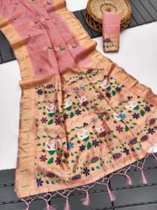 Sari de Algodón Muga Suave Premium con Tejido Menna, Borde Zari Rajhans Pallu, Blusa de Contraste Muniya, Elegante para Fiestas, Todas las Estaciones - Product Image 5