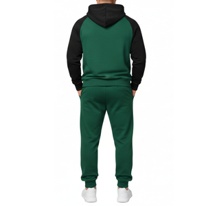 ชุดวอร์มผู้ชายพร้อมโลโก้แบบกำหนดเอง |   ดีไซน์แขนเสื้อแบบแร็กแลนตัดกันสี |   ชุดฮู้ดดี้สองชิ้นสีเขียวป่าและสีดำ - Product Image 2