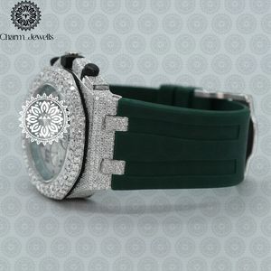 Charm_Jewells Luxury Men's Stainless Steel Watch 43mm Diamond Bezel Analog Quartz <b>Chronograph</b> Green Silicone Band - Product Image 2