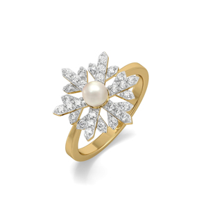 Yellow <b>Gold</b> Pearl <b>Cocktail</b> <b>Ring</b> With Diamond Bowknot Pave Setting Women's Romantic Fine Jewelry - Product Image 1