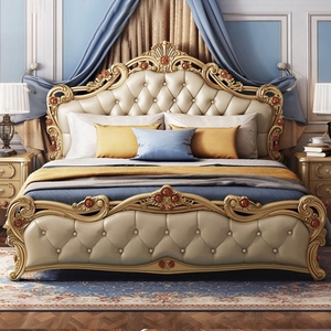 European Classic Luxury Gold Carved Wedding <b>Bed</b> Royal PU Leather Tufted King Size <b>Bed</b> Elegant Villa Bedroom Furniture - Product Image 1