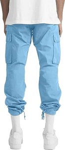 Men's <b>Light</b> Blue Cargo Pants Elastic Waist Drawstring Multiple Pockets Casual Loose Fit Lightweight Cotton <b>Trousers</b> Summer Wear - Product Image 2